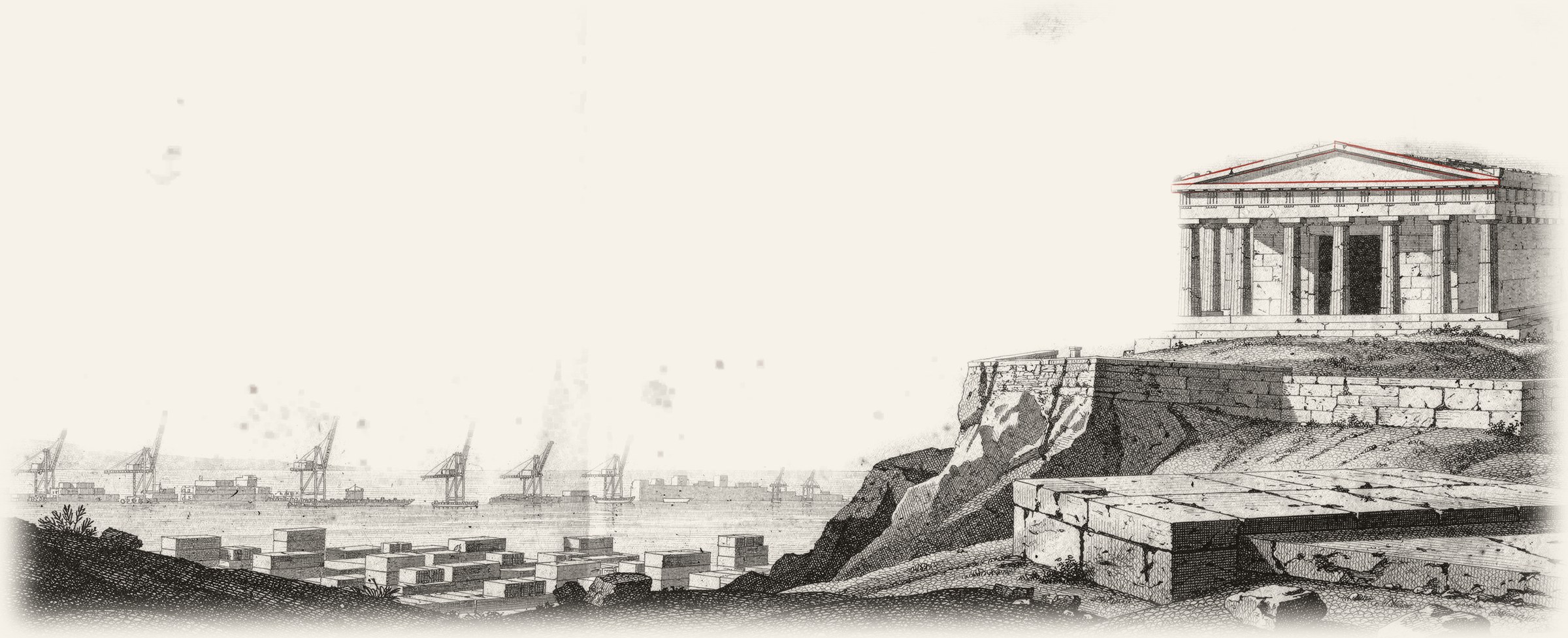 Grabado del templo en la Acrópolis con las grúas del puerto del Pireo al fondo